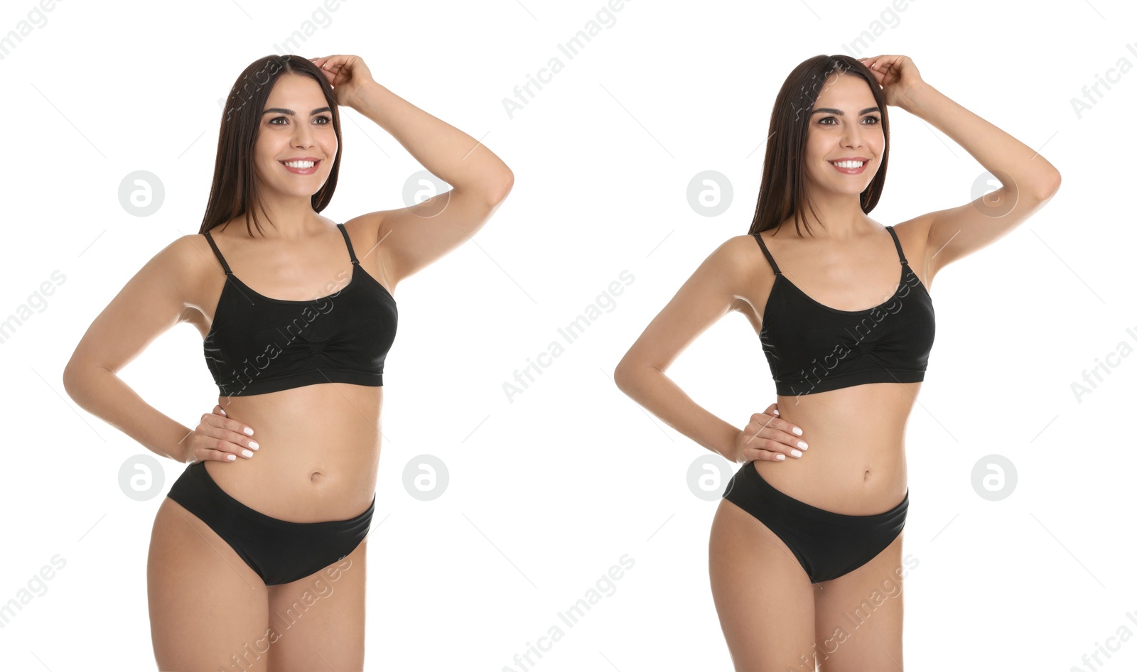 Image of Collage with photos of woman before and after weight loss diet on white background