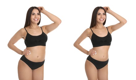 Collage with photos of woman before and after weight loss diet on white background