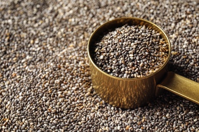 Photo of Saucepan of chia seeds on grains, closeup with space for text