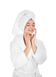 Photo of Portrait of young pretty woman in bathrobe with towel on white background