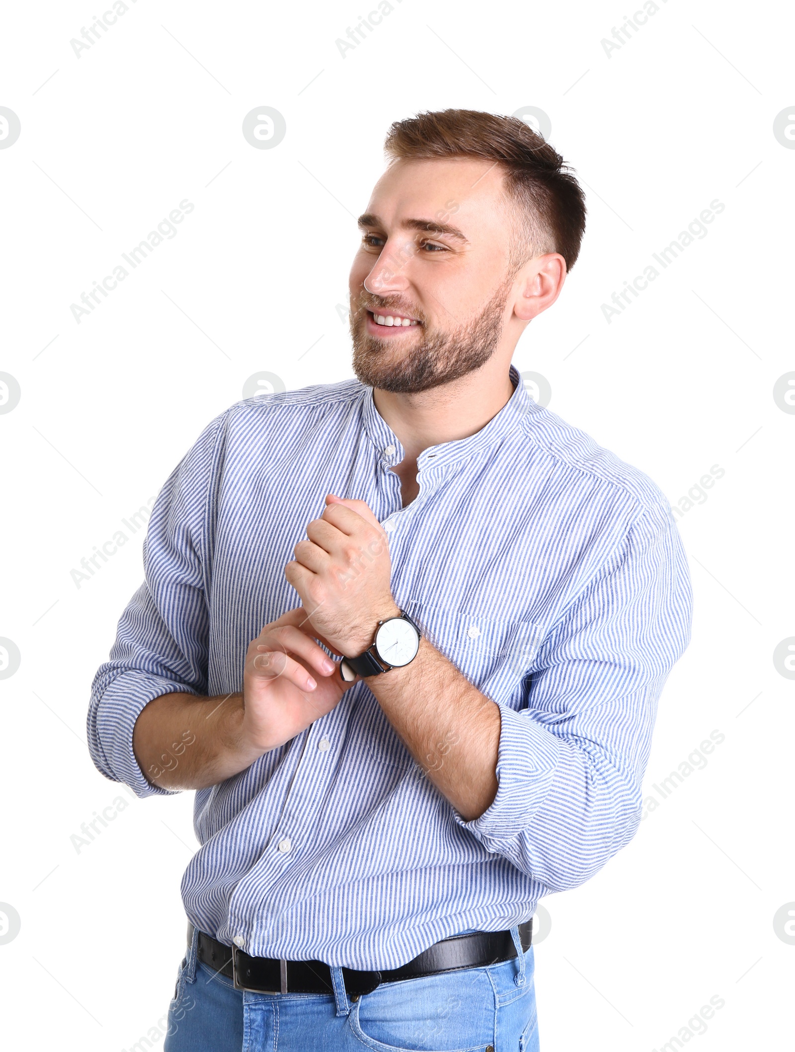 Photo of Portrait of handsome happy man on white background