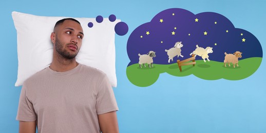 Man suffering from insomnia trying to fall asleep on light blue background, banner design. Thought cloud with illustration of sheep jumping over fence