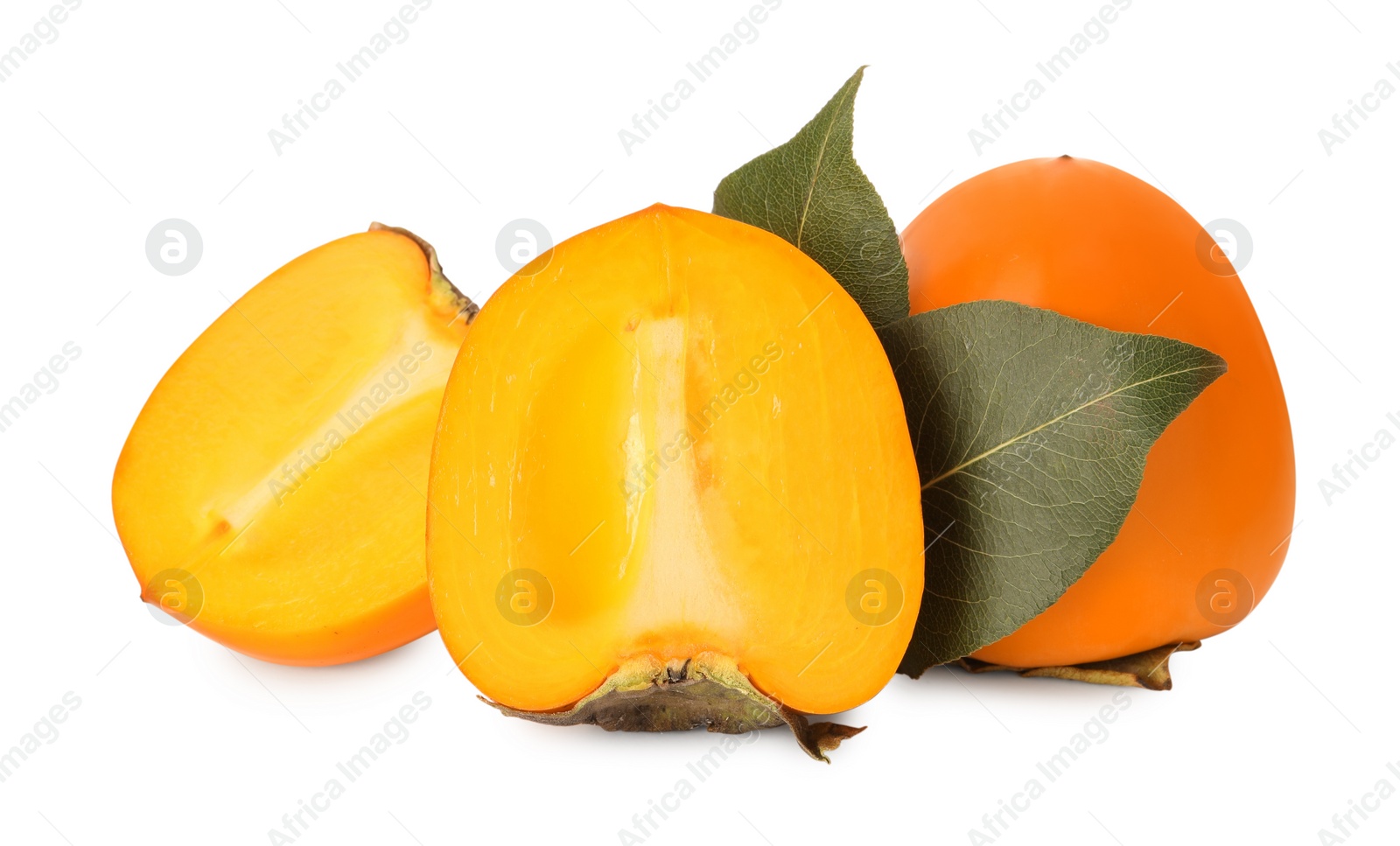 Photo of Whole and cut delicious ripe juicy persimmons on white background