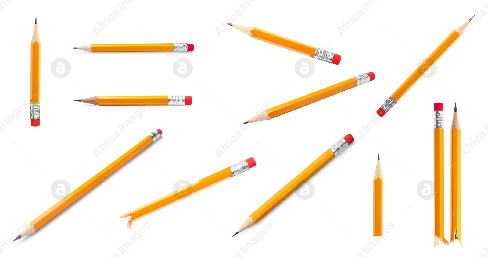 Image of Set with whole and broken pencils on white background