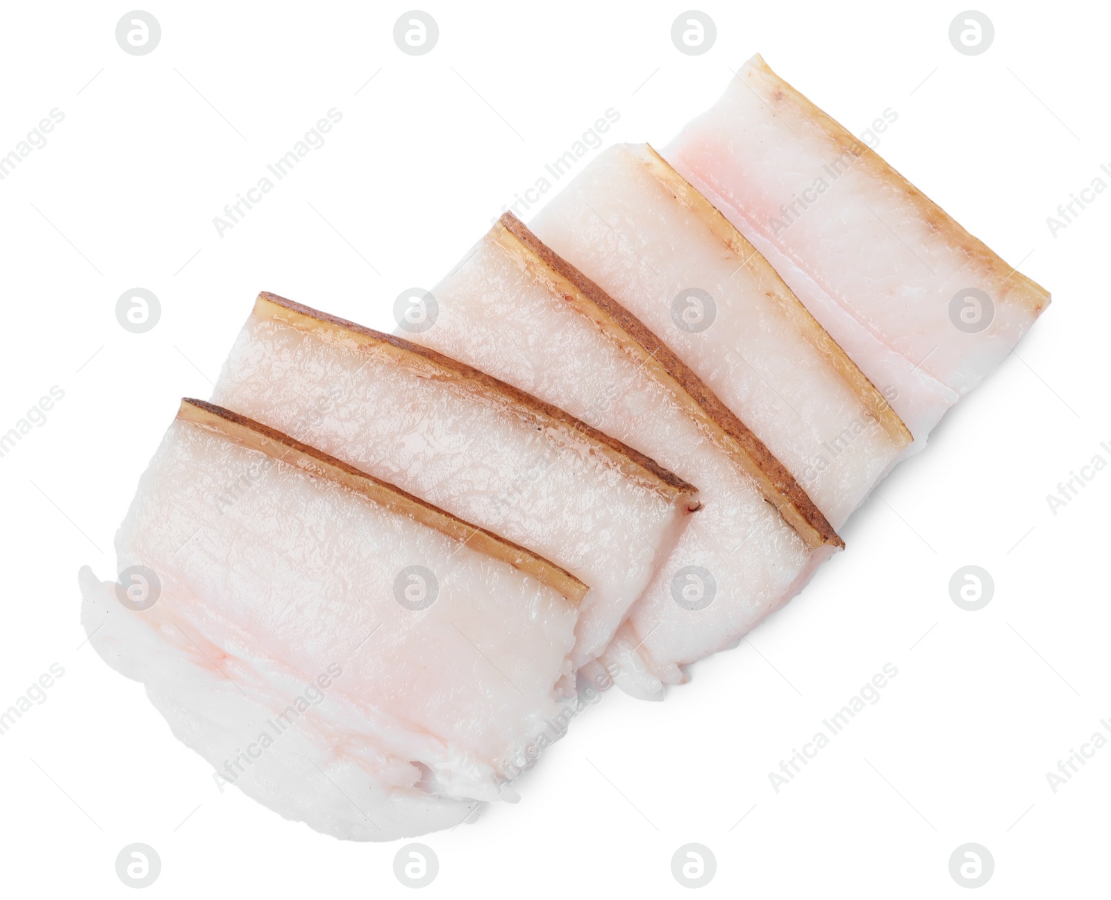 Photo of Slices of pork fatback on white background, top view