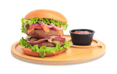 Board of tasty burger with vegetables, patties, lettuce and ketchup isolated on white