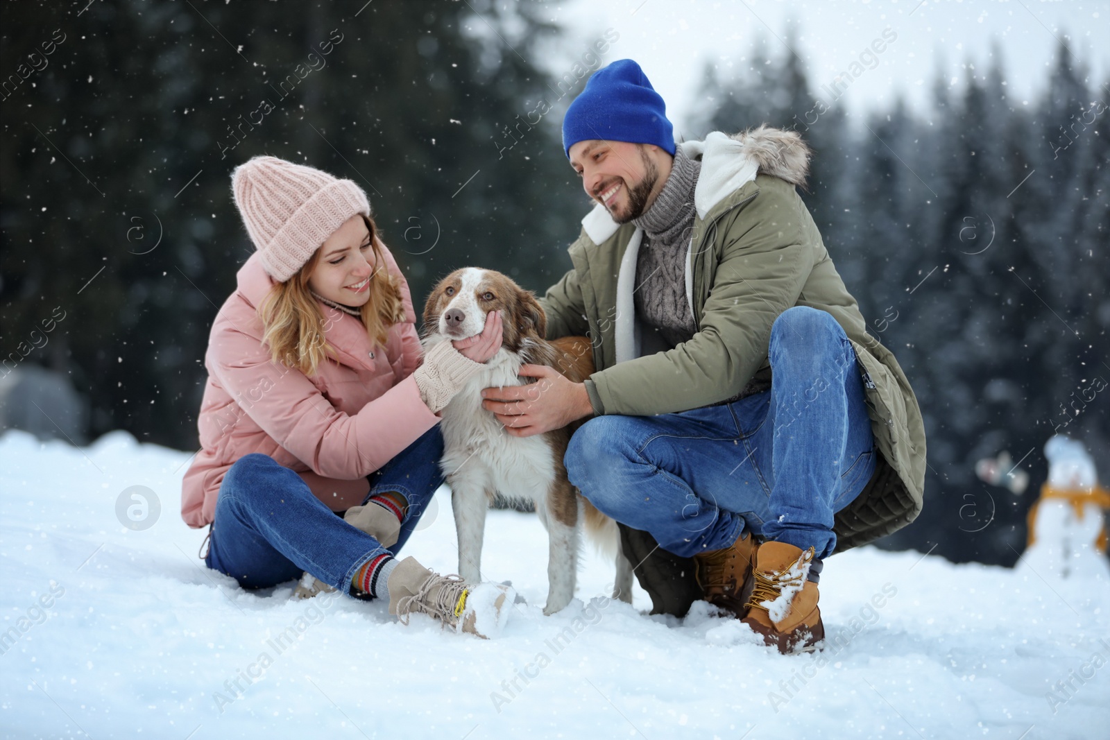 Photo of Cute couple with dog near forest. Winter vacation