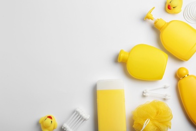 Photo of Composition with baby cosmetic products on white background, top view