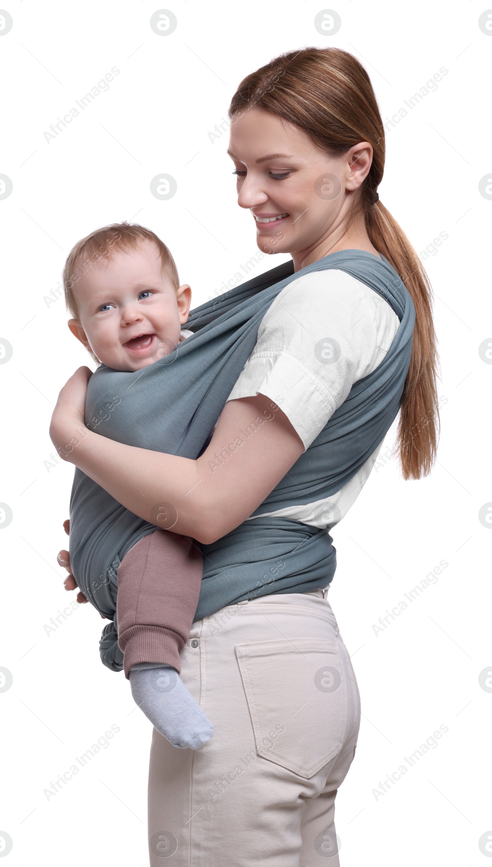 Photo of Mother holding her child in baby wrap on white background