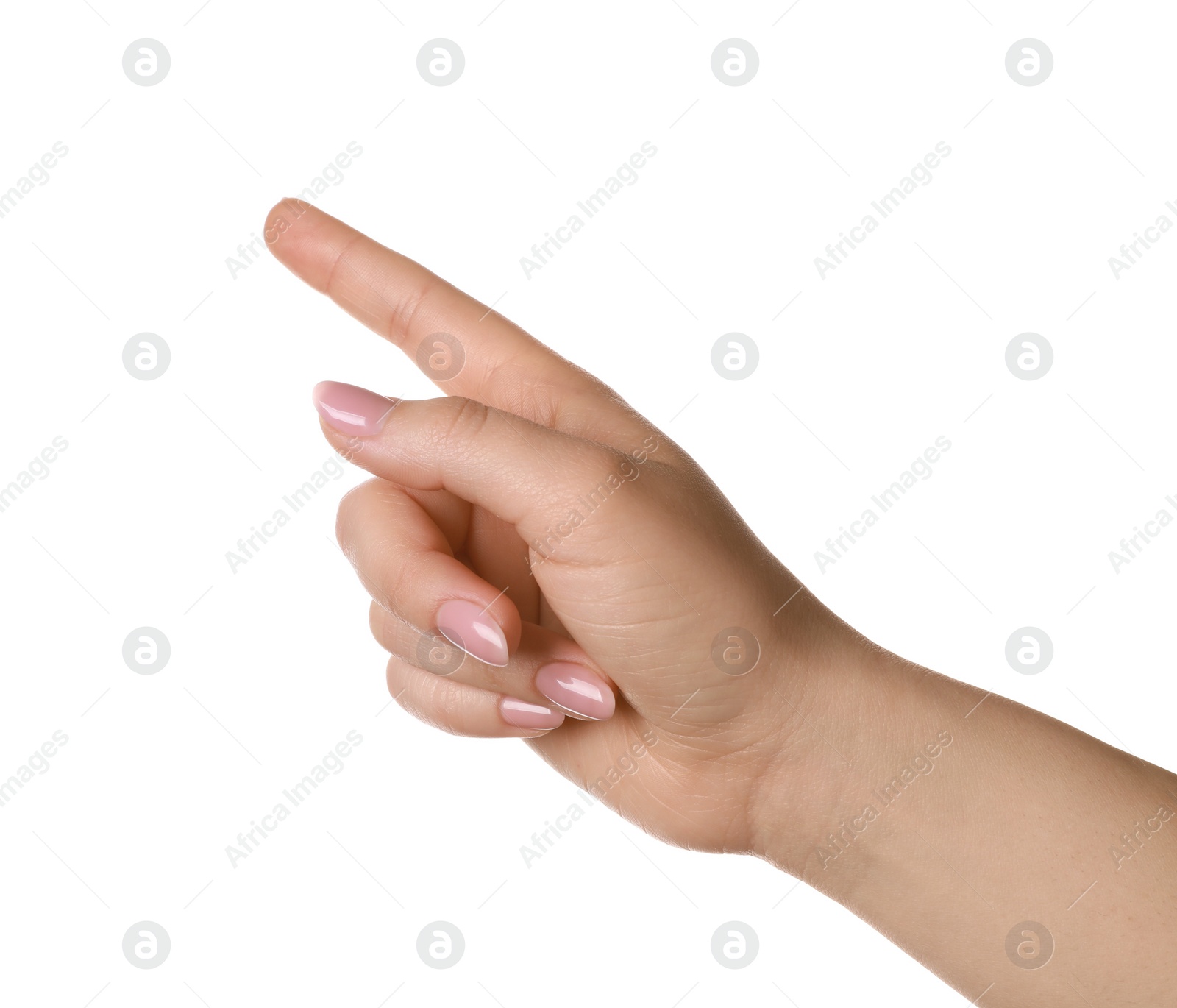 Photo of Woman pointing at something on white background, closeup