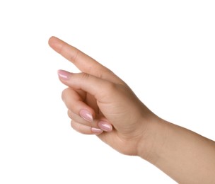 Photo of Woman pointing at something on white background, closeup