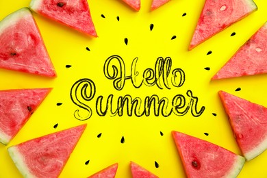 Image of Hello Summer. Frame made with slices of ripe watermelon on yellow background, flat lay 