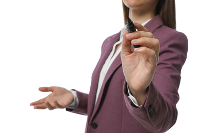 Photo of Businesswoman with marker on white background, closeup