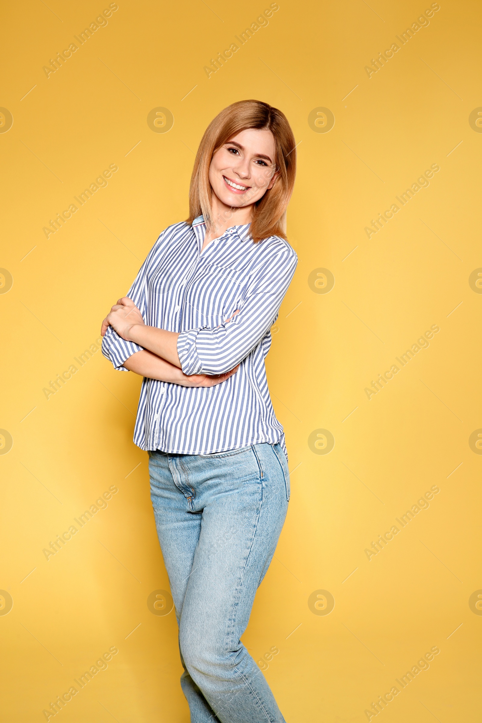 Photo of Portrait of beautiful woman on color background