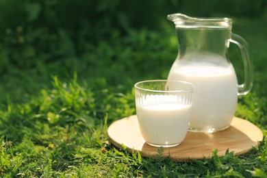 Photo of Jug and glass of tasty fresh milk on green grass outdoors, space for text