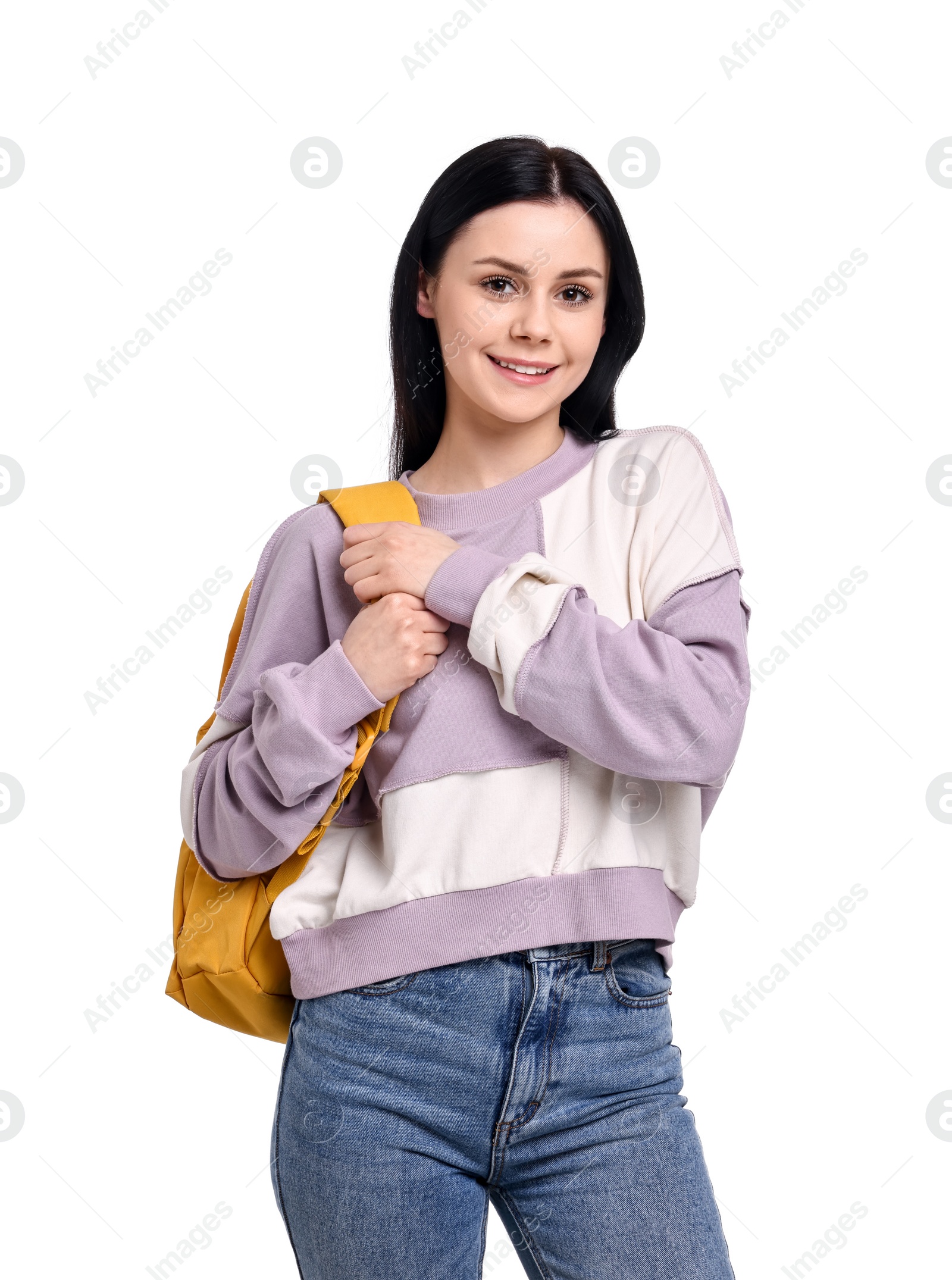 Photo of Happy student with backpack on white background