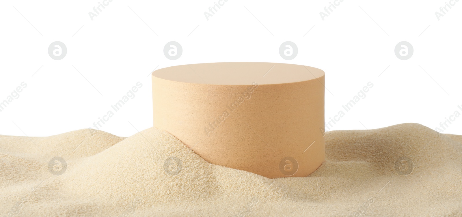 Photo of Presentation of product. Beige podium on sand against white background