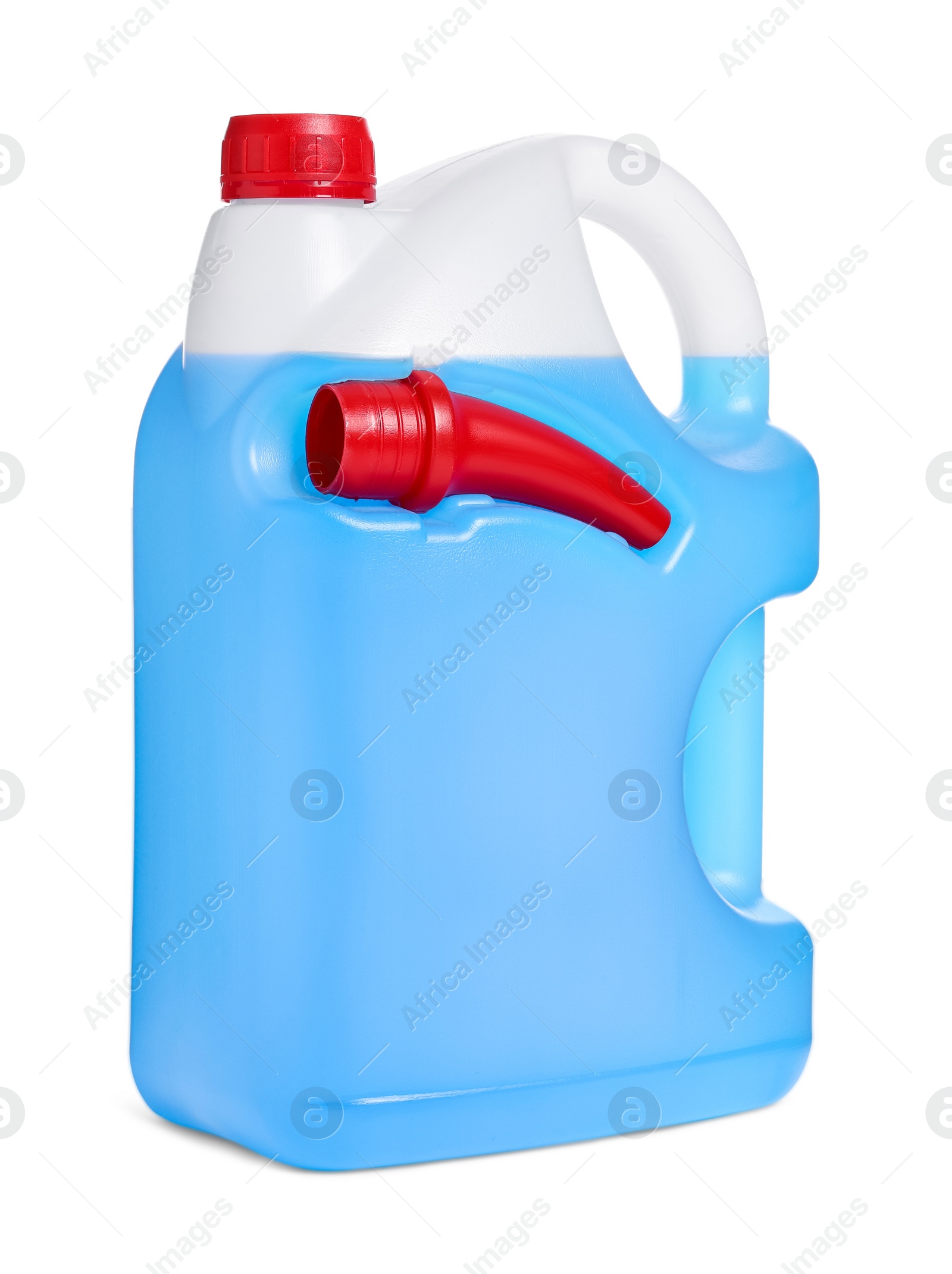 Photo of Plastic canister with blue liquid isolated on white