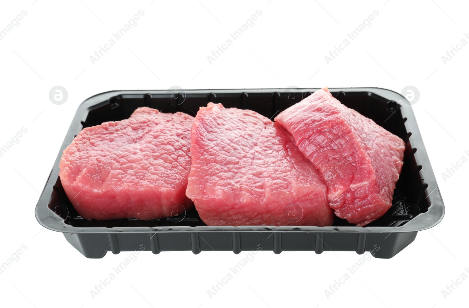Photo of Plastic container with raw meat on white background
