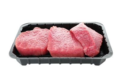 Plastic container with raw meat on white background