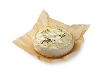 Tasty baked brie cheese with rosemary isolated on white