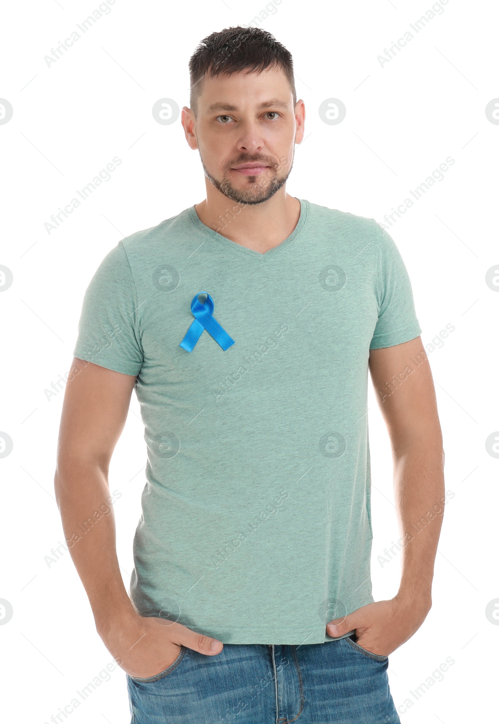 Photo of Man with blue ribbon on white background. Urology cancer awareness