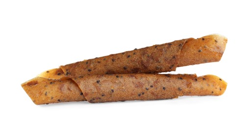 Photo of Delicious fruit leather rolls on white background