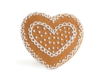 Gingerbread heart decorated with icing isolated on white