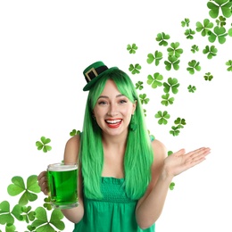 Happy woman in St. Patrick's Day outfit with beer and clover leaves on white background