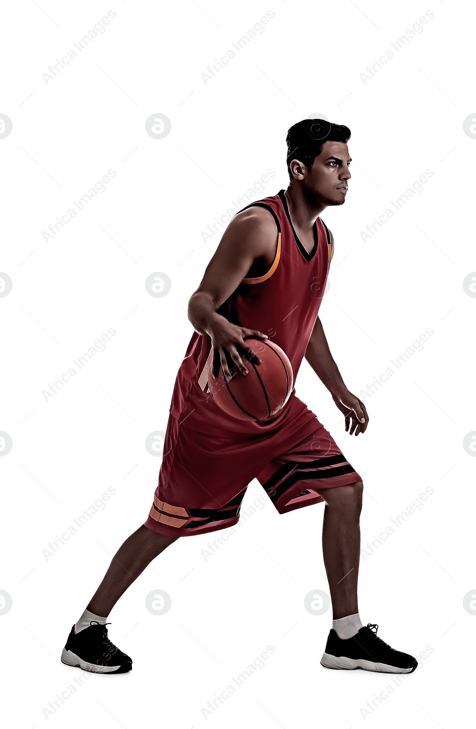 Image of Silhouette of professional sportsman playing basketball on white background