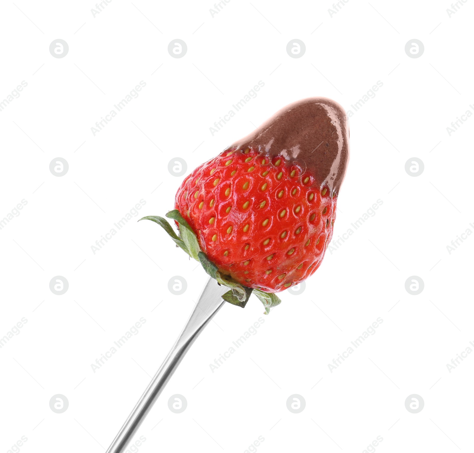 Photo of Strawberry with melted chocolate on fondue fork against white background