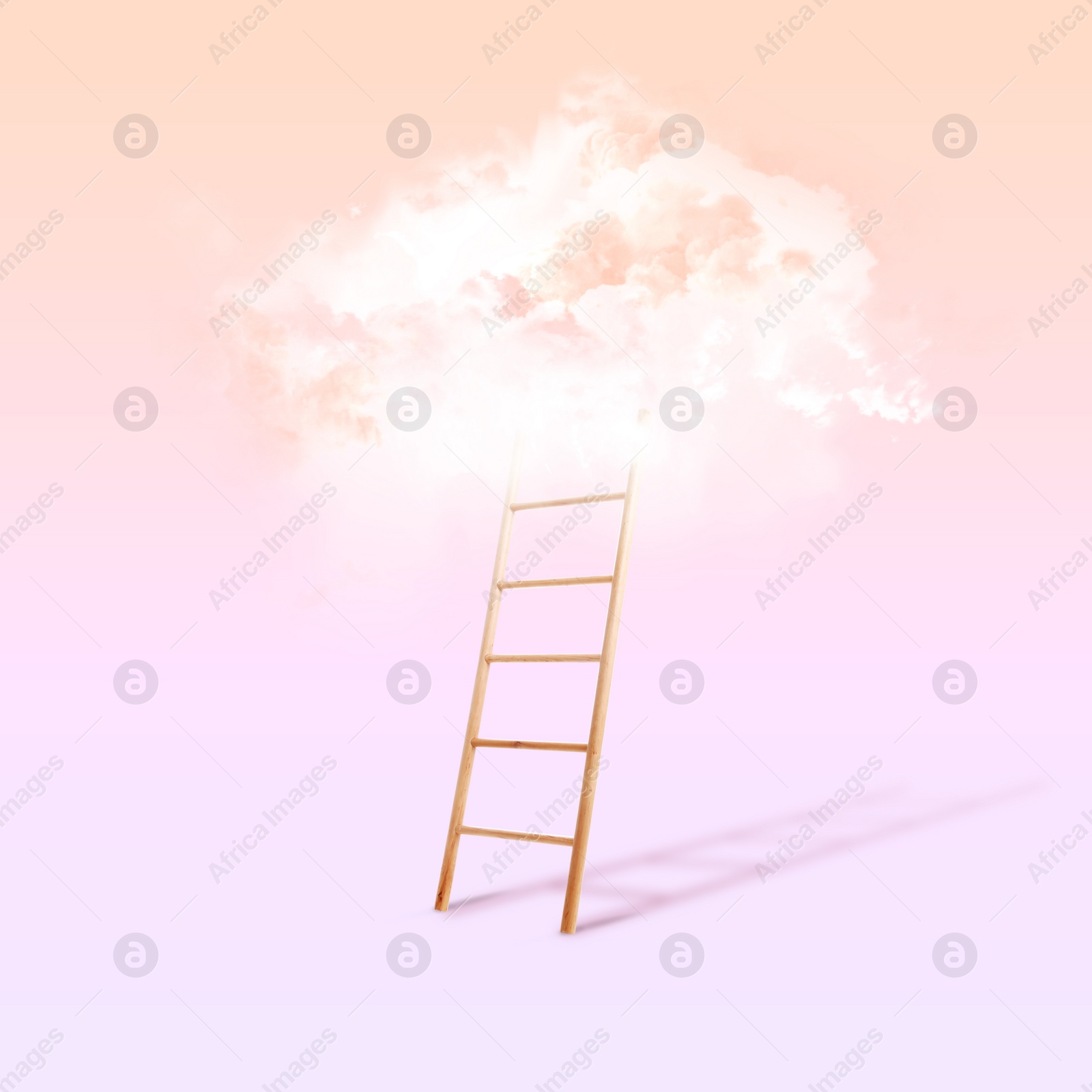 Image of Wooden ladder leading to white cloud on color background. Concept of growth and development