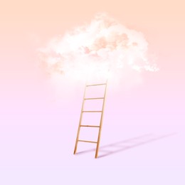 Wooden ladder leading to white cloud on color background. Concept of growth and development