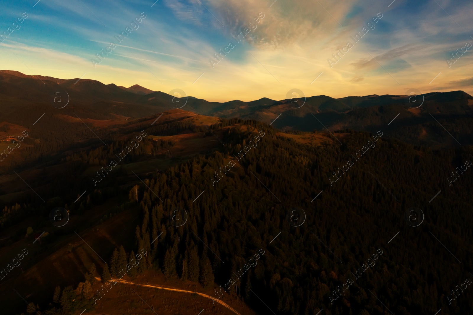 Image of Picturesque view of mountain landscape with forest in morning. Drone photography