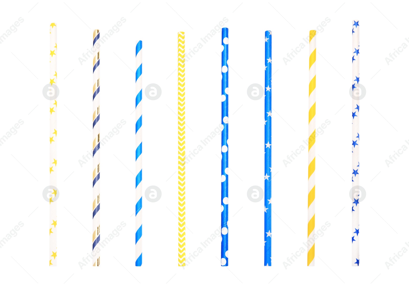 Image of Set of colorful paper drinking straws on white background