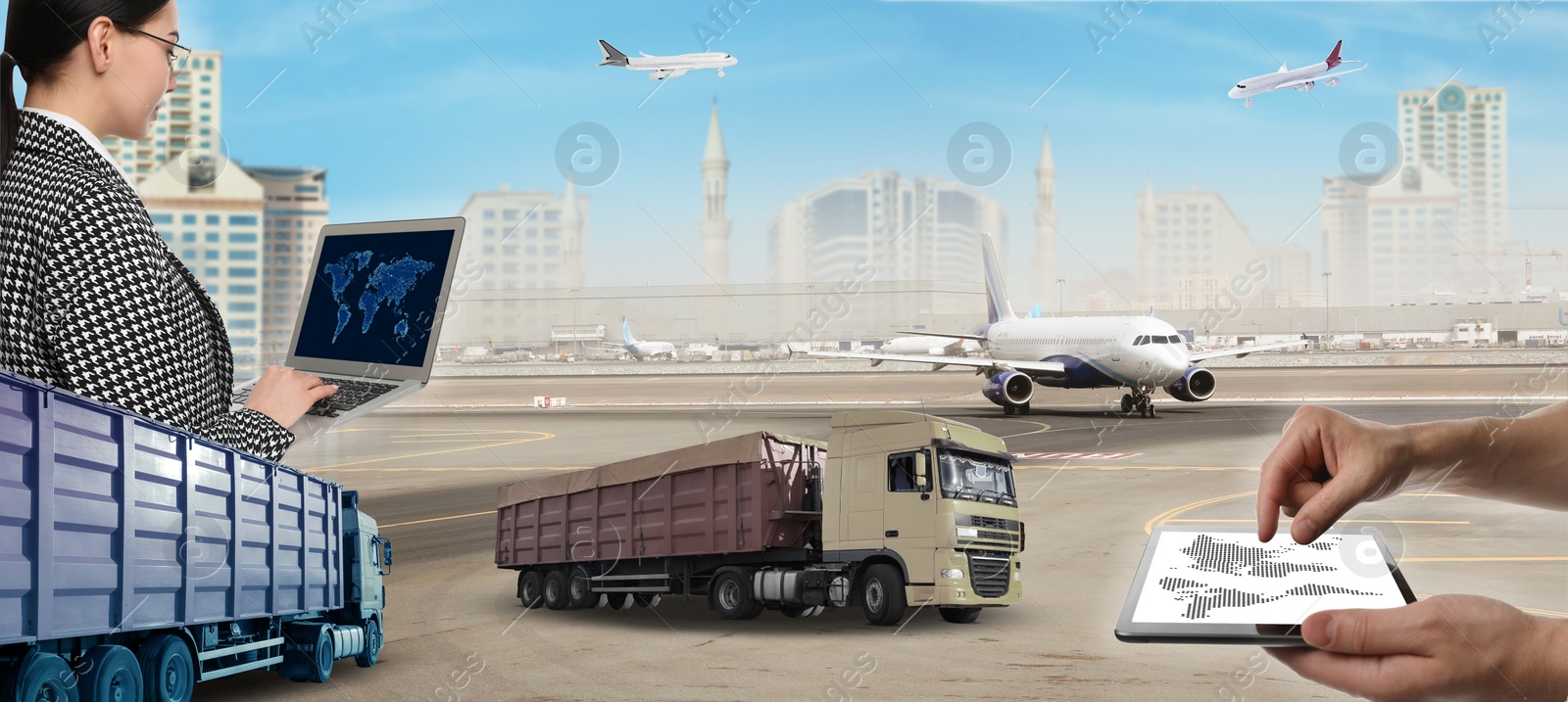 Image of Logistics concept. People with laptop and tablet, banner design. Trucks and building on background