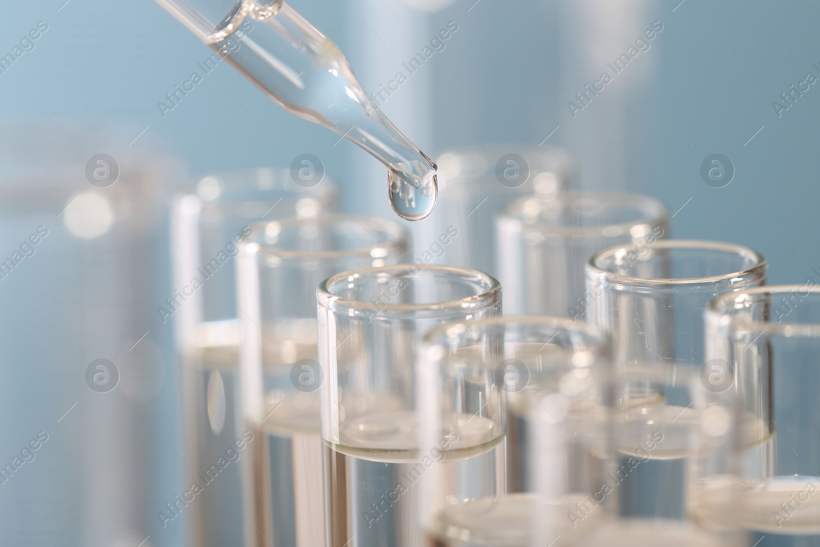 Photo of Laboratory analysis. Dripping liquid from pipette into glass test tube on blurred background, closeup