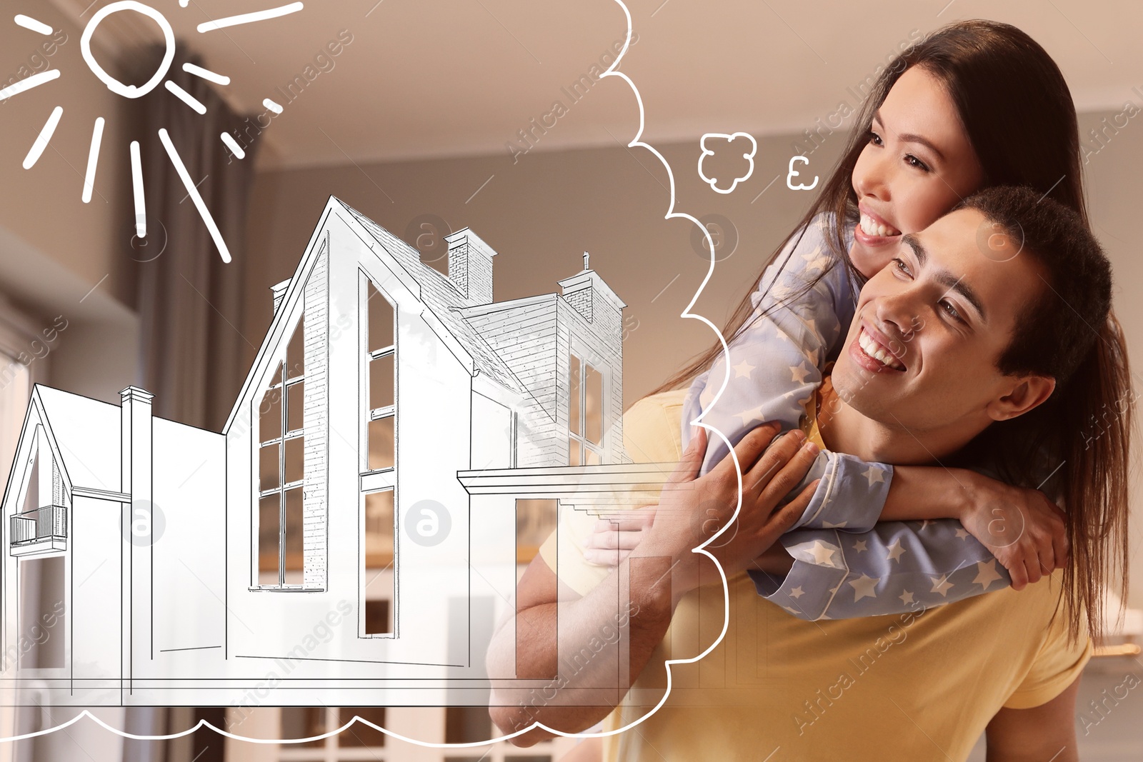 Image of Lovely interracial couple dreaming about new house. Illustration in thought bubble