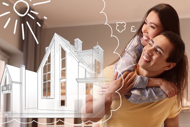 Image of Lovely interracial couple dreaming about new house. Illustration in thought bubble