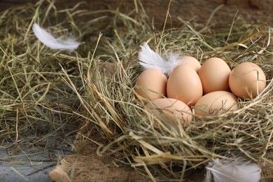 Fresh raw chicken eggs in nest on grey wooden table