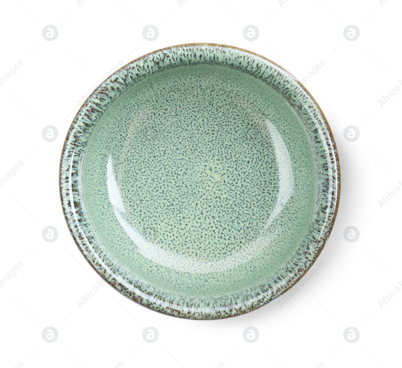 Photo of Beautiful green ceramic bowl on white background, top view