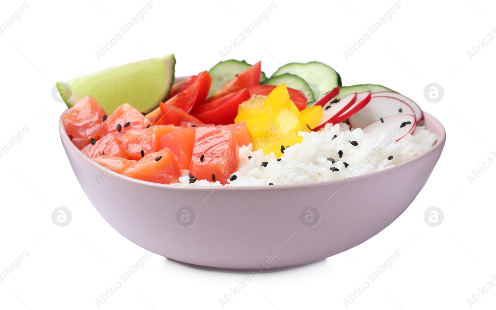 Photo of Delicious poke bowl with salmon and vegetables isolated on white