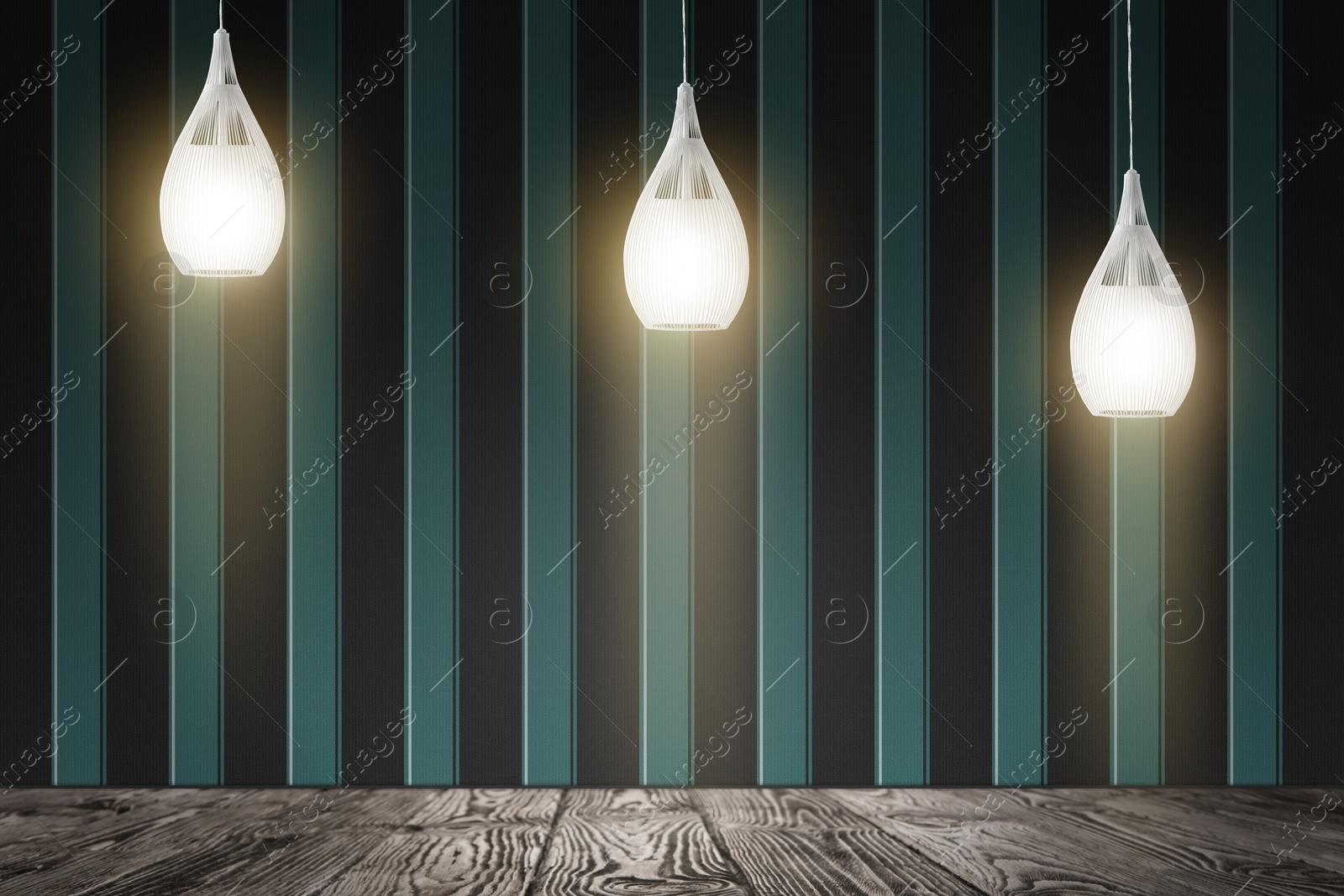 Image of Striped wallpaper and glowing hanging lamps in room