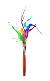 Image of Brush and splashing paints on white background