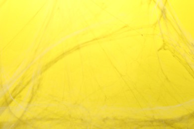 Photo of Creepy white cobweb hanging on yellow background