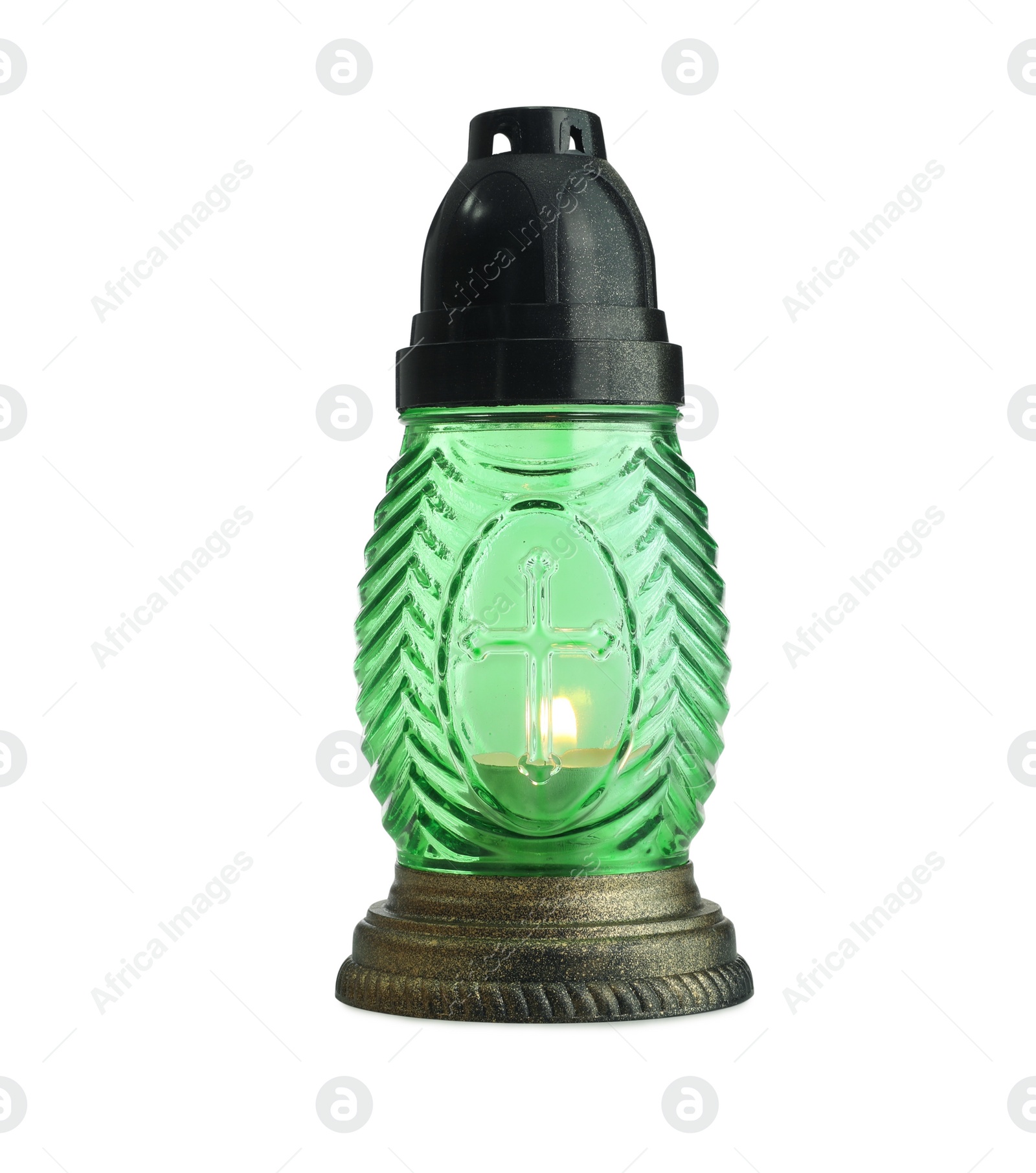 Photo of Green grave light with burning candle isolated on white. Symbol of remembrance