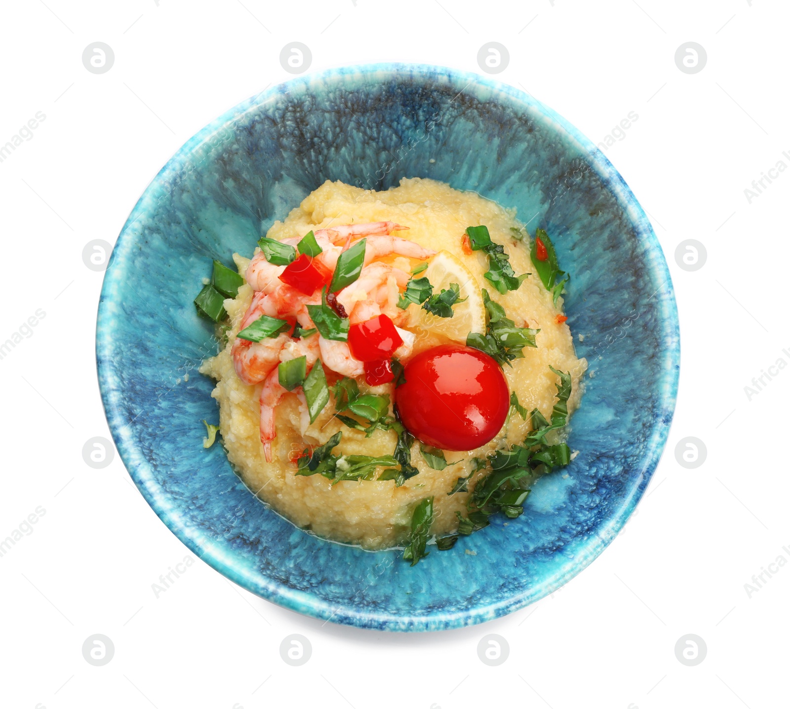 Photo of Bowl with tasty shrimps and grits on white background, top view