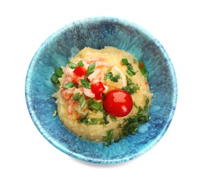 Photo of Bowl with tasty shrimps and grits on white background, top view