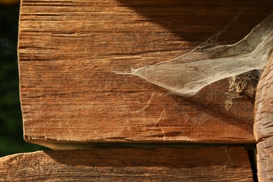 Dusty cobweb on wooden building outdoors, closeup