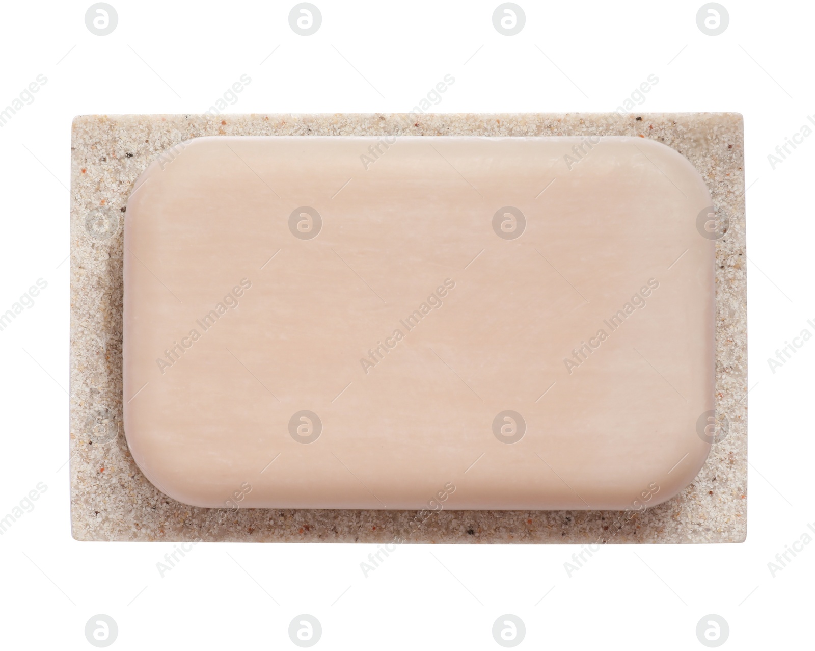 Photo of Holder with soap bar on white background, top view